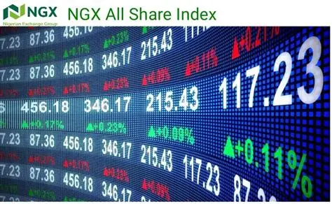Image showing the NGX All Share Index label above a digital stock-market board with green and red price figures, percentage changes and trading numbers. The visual represents Nigerian stock-market activity, index movement, market breadth and investor sentiment on the Nigerian Exchange.