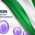 Graphic showing the cNGN logo, purple digital tokens and a flowing Nigerian flag, with text reading “cNGN Nigeria’s First Regulated Stablecoin.” The image represents Nigeria’s naira-backed stablecoin, regulated digital currency infrastructure, Celo deployment and the growth of African stablecoin payment rails.