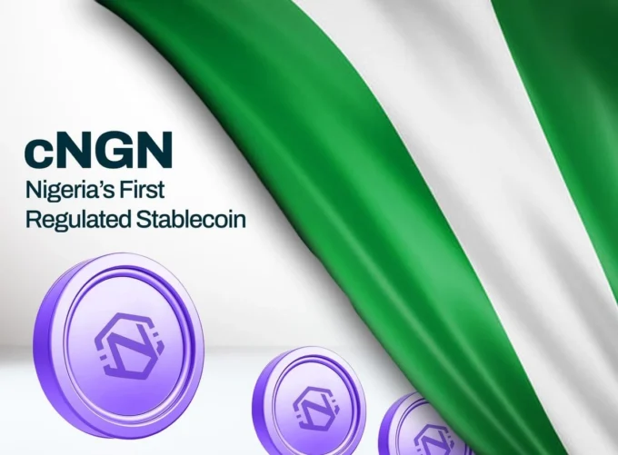 Graphic showing the cNGN logo, purple digital tokens and a flowing Nigerian flag, with text reading “cNGN Nigeria’s First Regulated Stablecoin.” The image represents Nigeria’s naira-backed stablecoin, regulated digital currency infrastructure, Celo deployment and the growth of African stablecoin payment rails.
