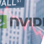 Composite image showing the Nvidia logo over a Wall Street and Broad Street background with red market-chart lines, representing Nvidia’s influence on U.S. equities, technology stocks, index concentration and market volatility.