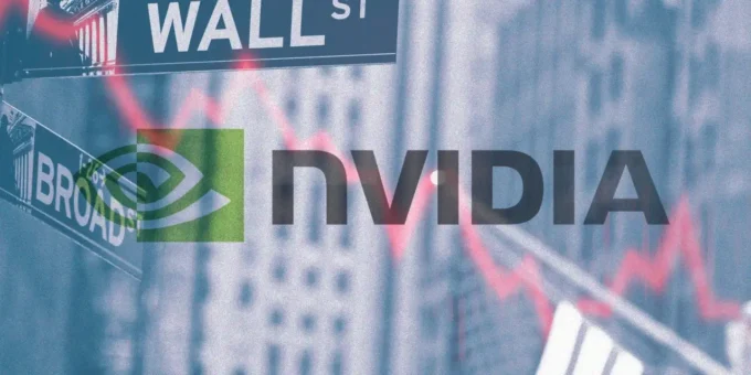 Composite image showing the Nvidia logo over a Wall Street and Broad Street background with red market-chart lines, representing Nvidia’s influence on U.S. equities, technology stocks, index concentration and market volatility.