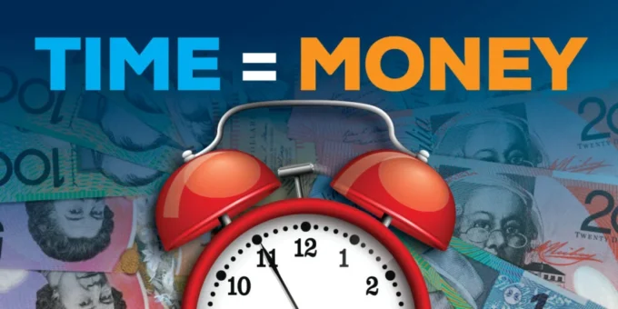 Graphic showing the words “Time = Money” above an alarm clock placed over banknotes, representing the timing decision facing savers comparing certificate of deposit yields, inflation data and interest-rate expectations.