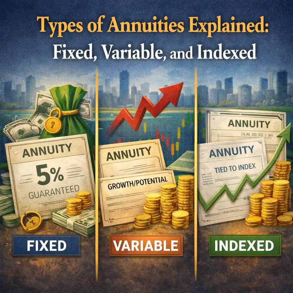 Illustration titled “Types of Annuities Explained: Fixed, Variable, and Indexed,” showing three annuity categories with money, certificates, growth arrows and coins to represent guaranteed, market-linked and indexed retirement income products.