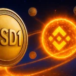 Digital illustration of a large gold coin labelled USD1 floating in a space-like crypto environment with several smaller digital-asset coins around it. A bright glowing crypto symbol appears in the background, creating a futuristic stablecoin and digital-finance theme. The image is used to illustrate USD1’s move toward a federally supervised trust-bank structure and the broader competition among stablecoins for trust, liquidity and institutional adoption.