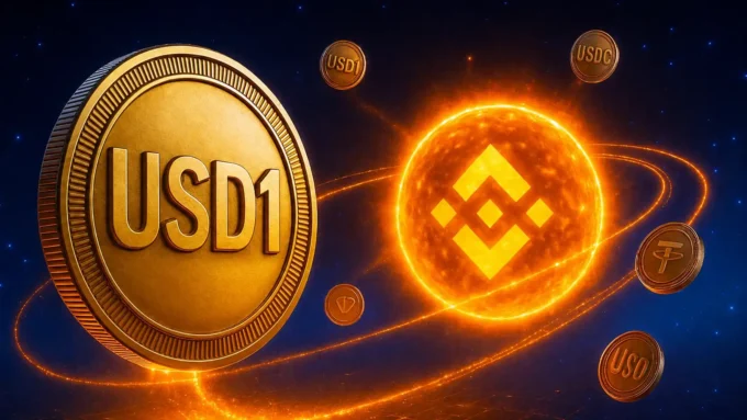 Digital illustration of a large gold coin labelled USD1 floating in a space-like crypto environment with several smaller digital-asset coins around it. A bright glowing crypto symbol appears in the background, creating a futuristic stablecoin and digital-finance theme. The image is used to illustrate USD1’s move toward a federally supervised trust-bank structure and the broader competition among stablecoins for trust, liquidity and institutional adoption.