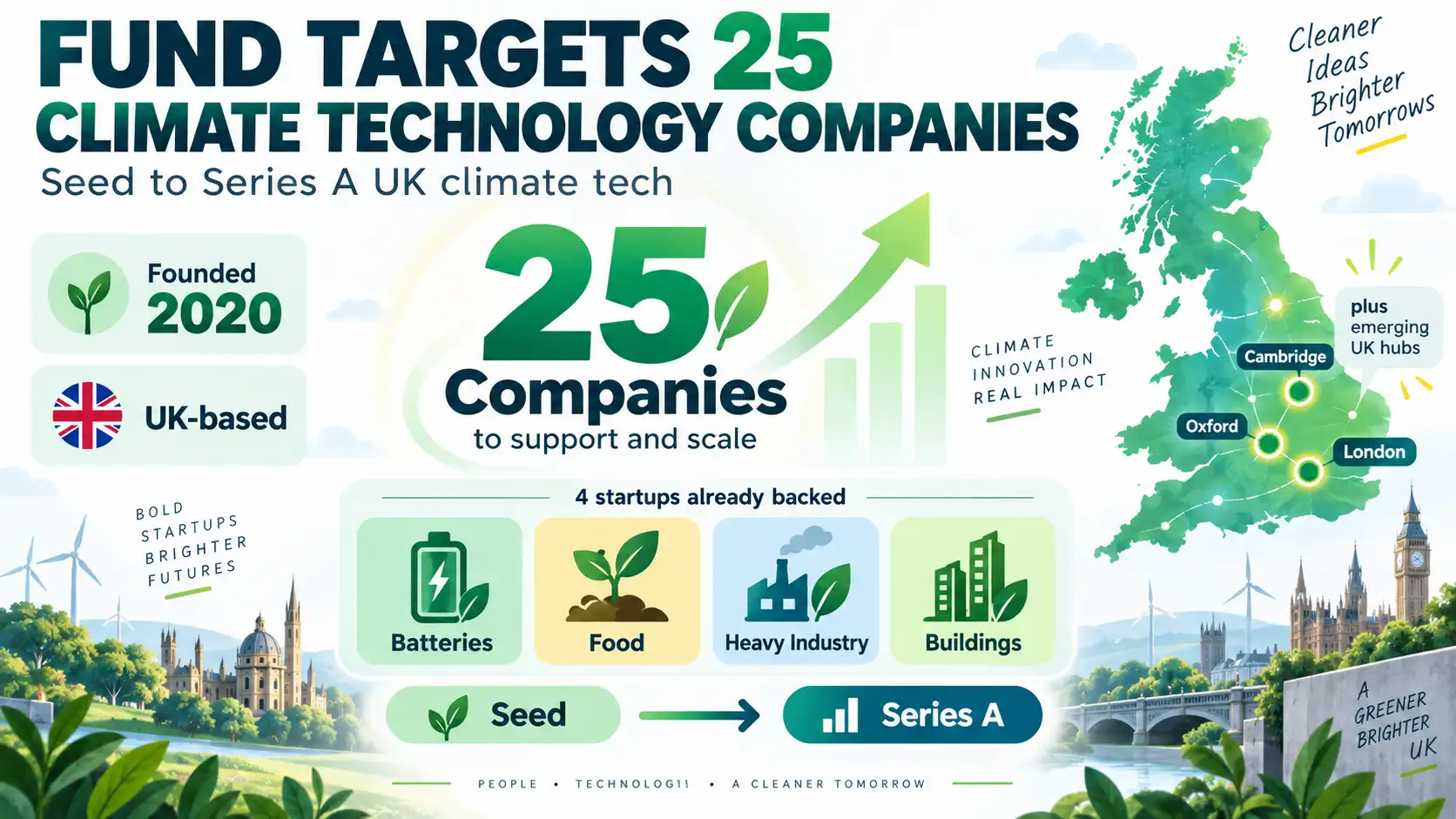 Infographic showing Clean Growth Fund II targeting 25 UK climate technology companies from Seed to Series A across batteries, food, heavy industry and buildings.
