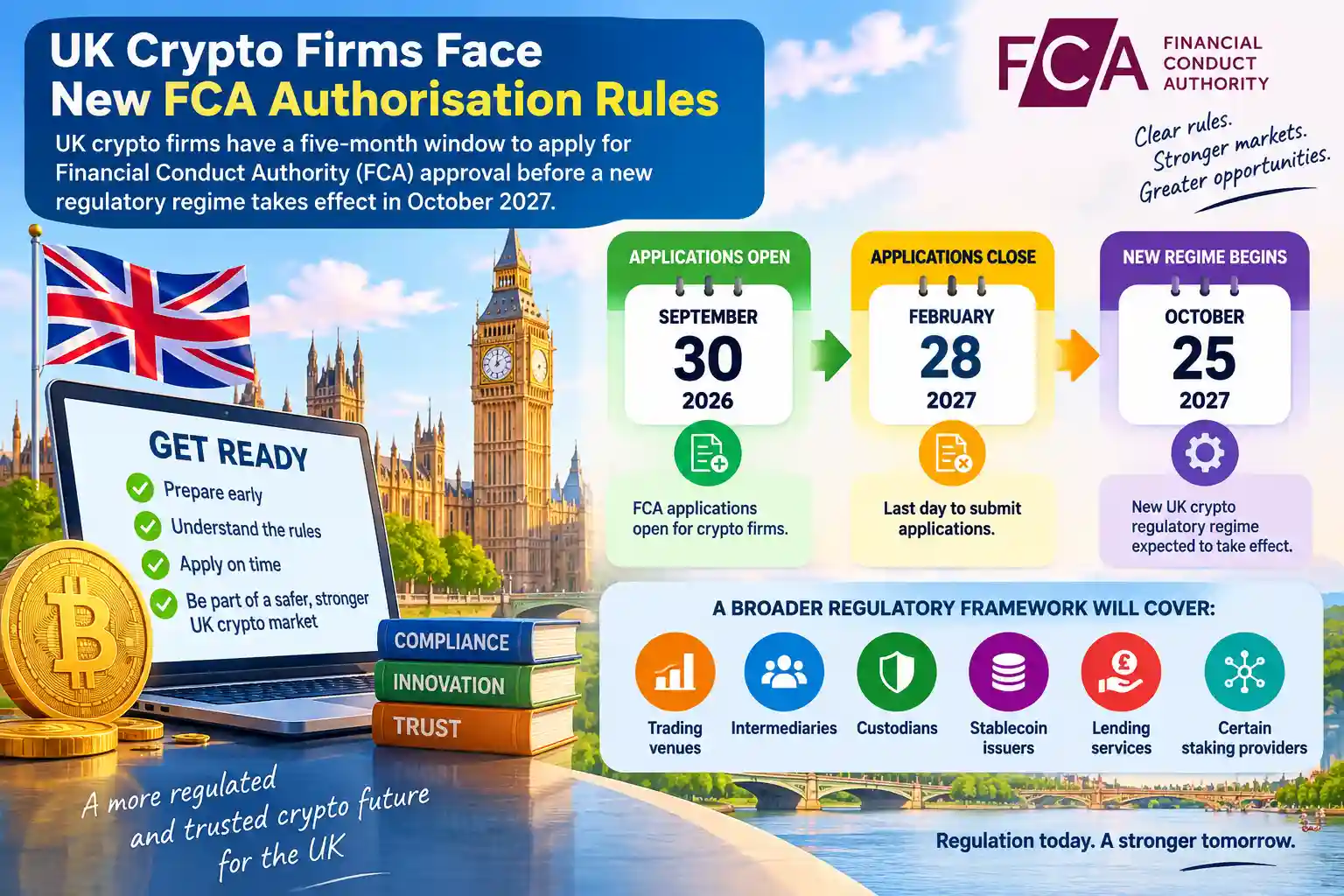 Infographic showing the UK FCA crypto authorisation timeline, with applications open from September 30, 2026 to February 28, 2027 before the new regime begins in October 2027.