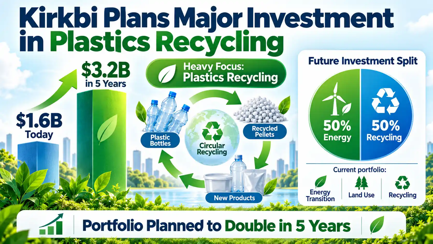 Infographic showing Kirkbi Climate’s plan to double its $1.6 billion climate portfolio over five years, with major investment focused on plastics recycling and energy. 