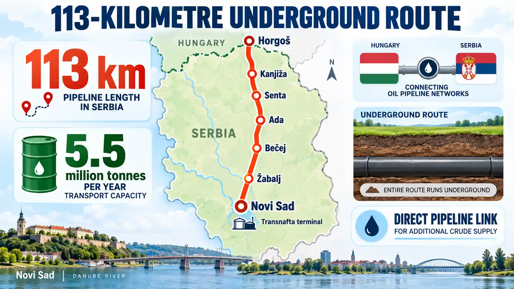 Infographic showing Serbia’s 113-kilometre underground oil pipeline route from Horgoš to Novi Sad, with annual capacity of 5.5 million tonnes and a new link to Hungary’s oil network.