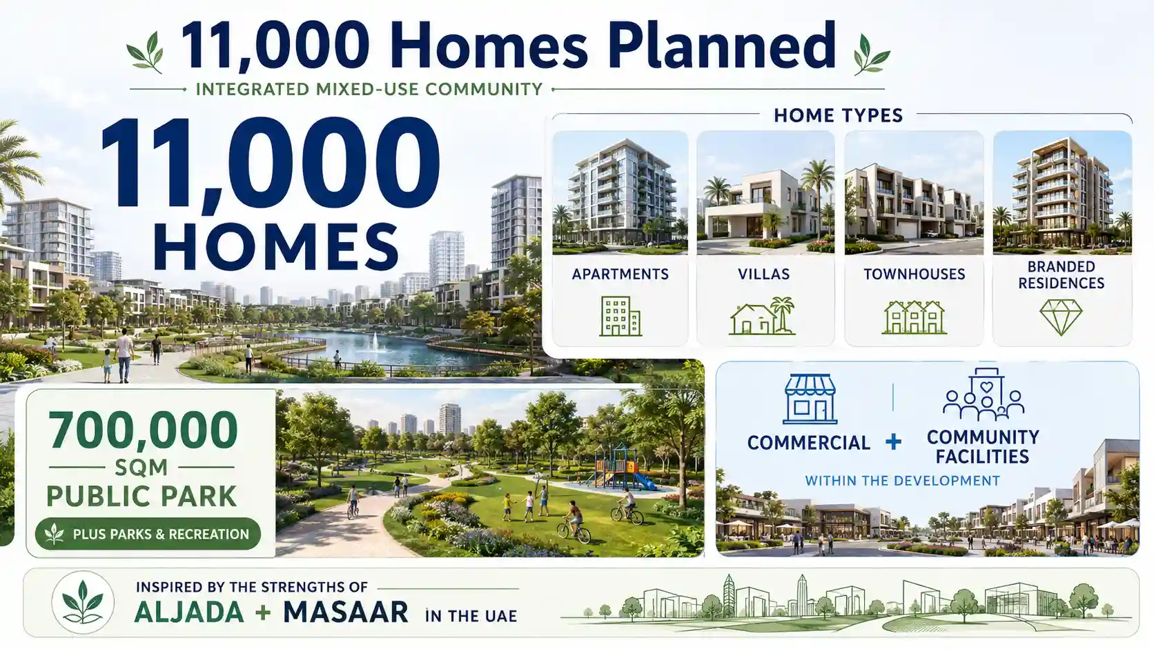 Infographic showing Arada’s New Damascus development with 11,000 homes, multiple housing types and a 700,000 sqm public park.