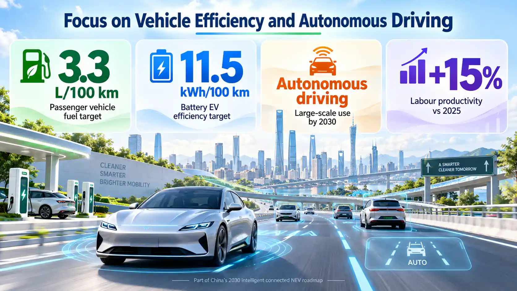 Infographic showing China’s 2030 vehicle-efficiency goals, including 3.3 L/100 km fuel use, 11.5 kWh/100 km EV efficiency and wider autonomous driving deployment.
