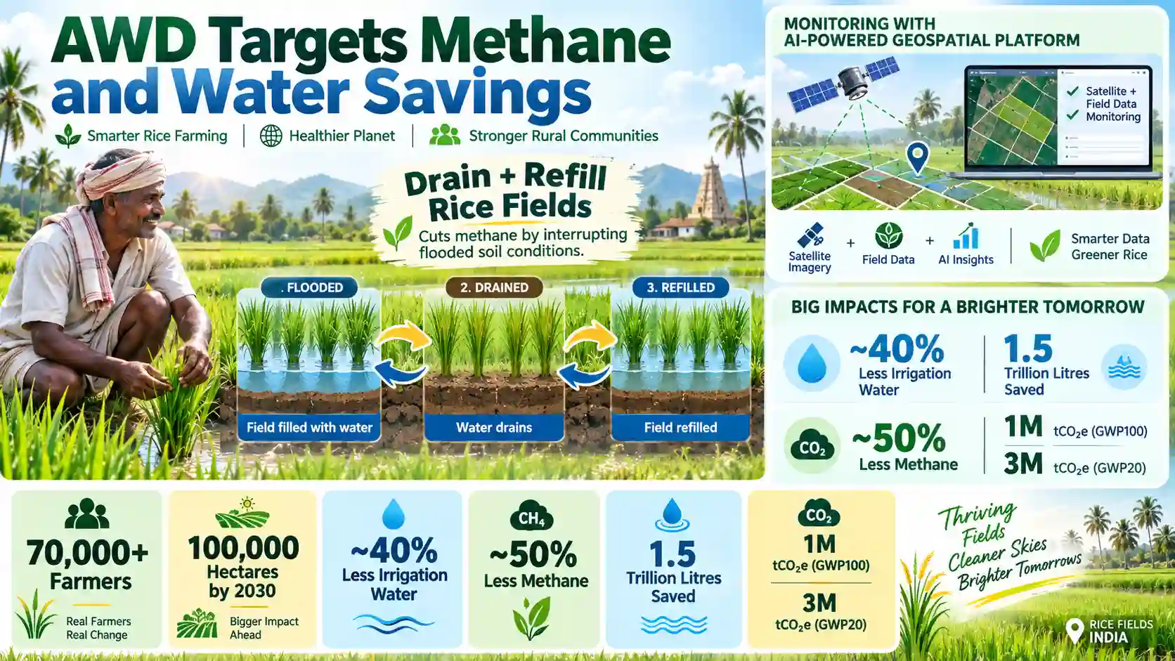 Infographic showing Alternate Wetting and Drying in Indian rice farming, reducing methane by about 50% and irrigation water use by nearly 40%.