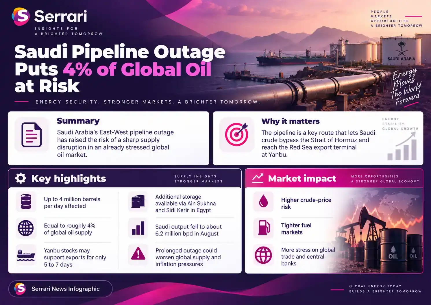 Infographic showing a Saudi pipeline outage putting 4% of global oil supply at risk, highlighting crude oil, energy infrastructure, supply disruptions, and global oil markets