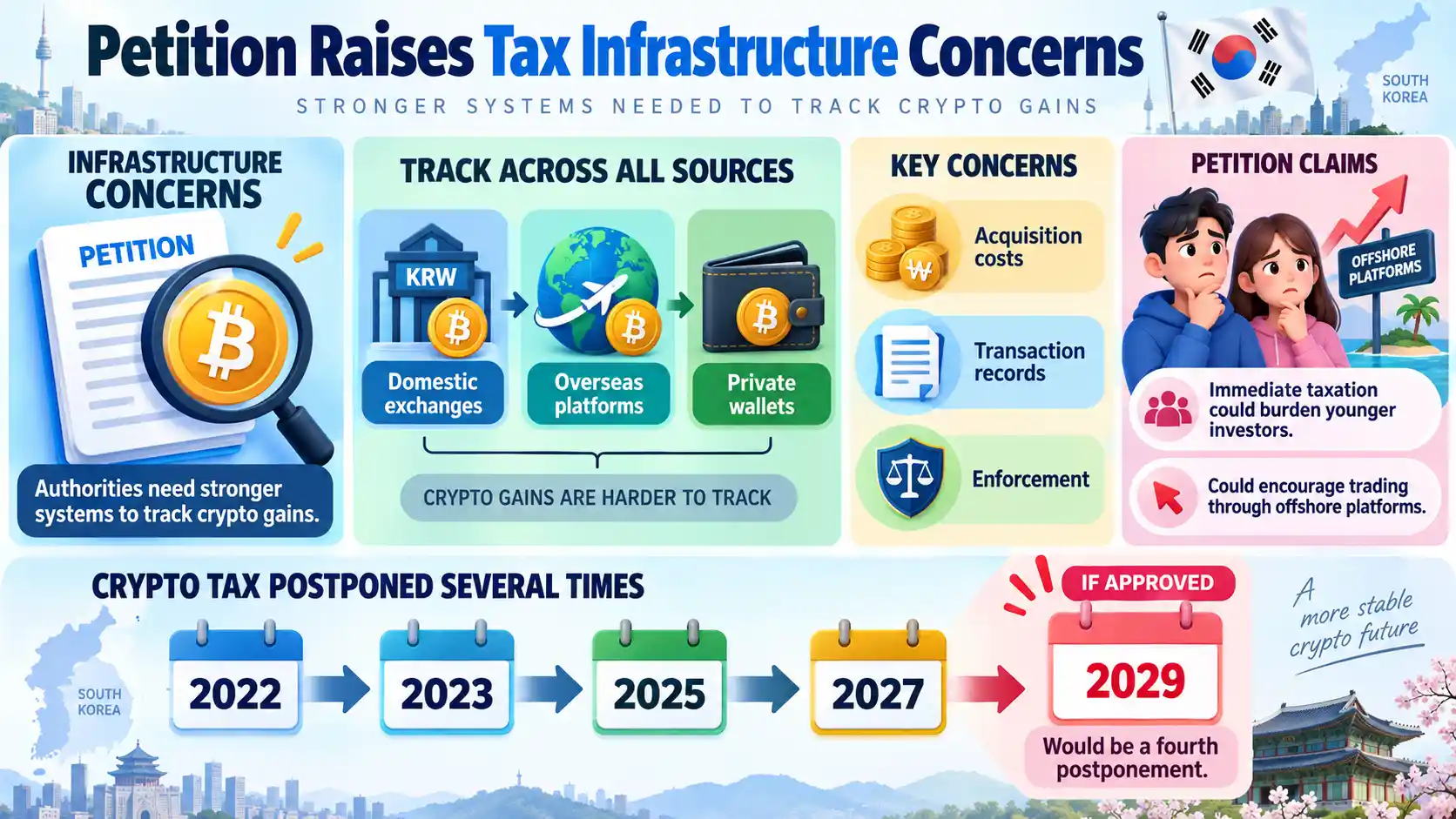 Infographic showing South Korea’s crypto tax petition highlighting concerns over tracking gains across domestic exchanges, overseas platforms and private wallets, with a proposed delay from 2027 to 2029.