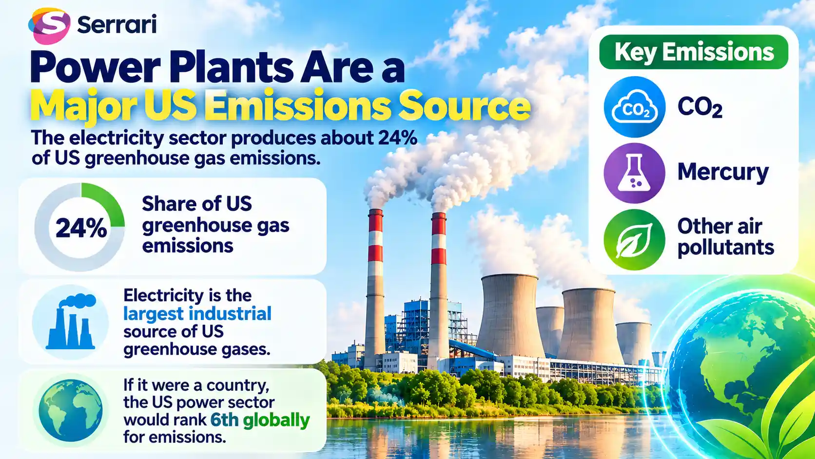 Infographic showing U.S. power plants as a major emissions source, accounting for about 24% of greenhouse gas emissions and releasing CO₂, mercury and other air pollutants. 