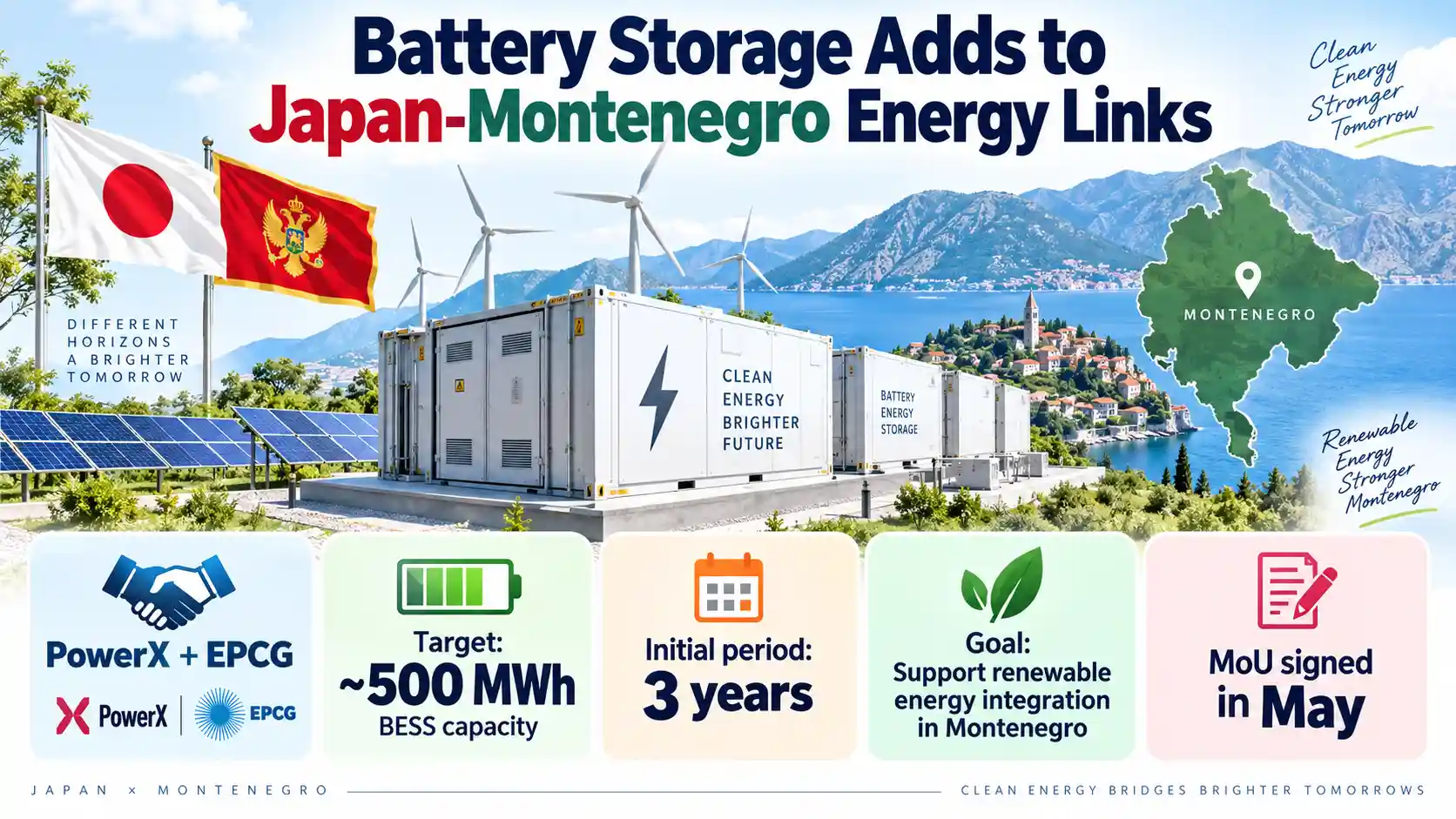 Infographic showing Japan and Montenegro expanding energy cooperation through battery storage, targeting about 500 MWh of capacity to support renewable energy integration.