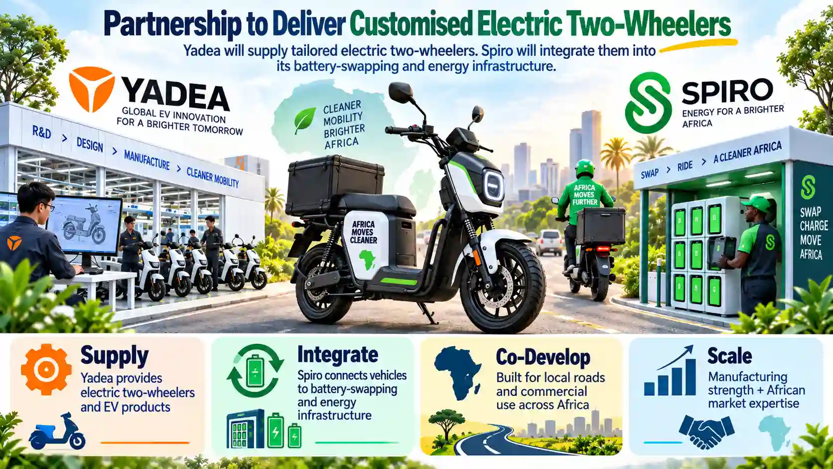 Infographic showing Yadea and Spiro partnering to deliver customised electric two-wheelers in Africa, combining EV manufacturing with battery-swapping infrastructure and local market expertise. 