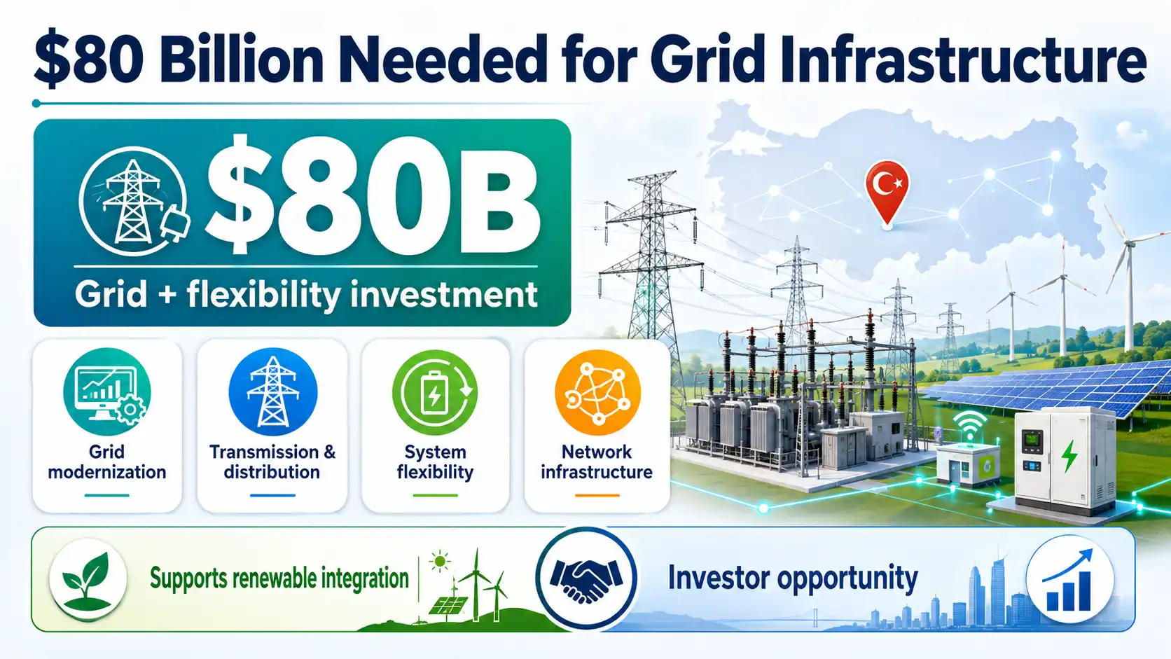 Türkiye plans about $80 billion for grid modernization, transmission, distribution and system flexibility through 2035. 
