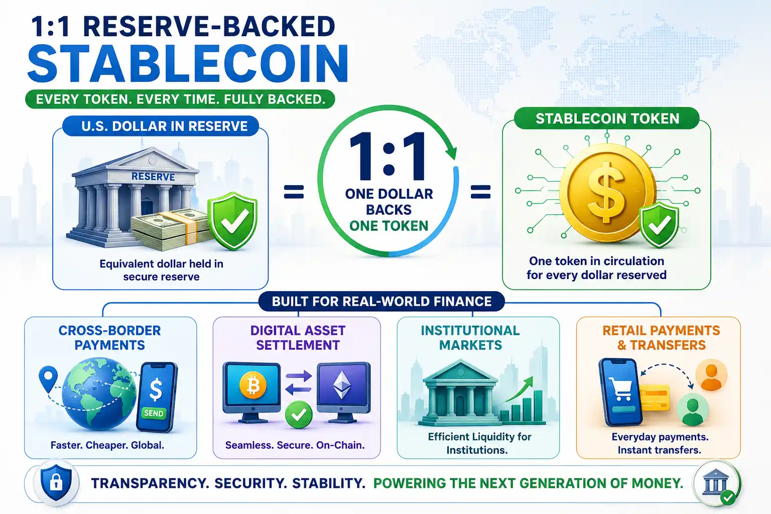 Infographic explaining a 1:1 reserve-backed stablecoin, where each token is matched by one U.S. dollar held in reserve.
