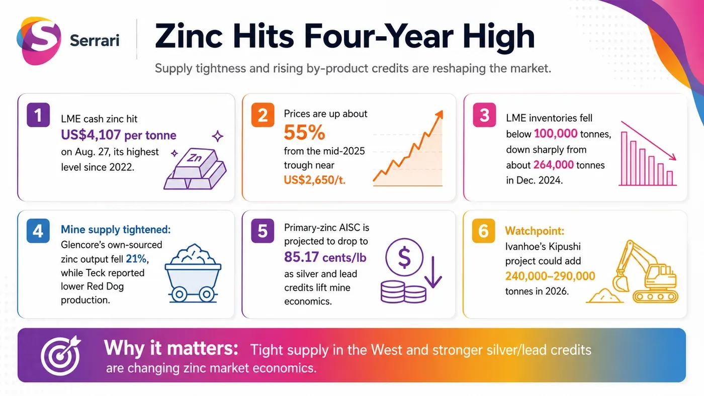 Infographic showing zinc at a four-year high as by-product revenues lift mining margins, highlighting zinc prices, mining profitability, commodity markets, and metals demand