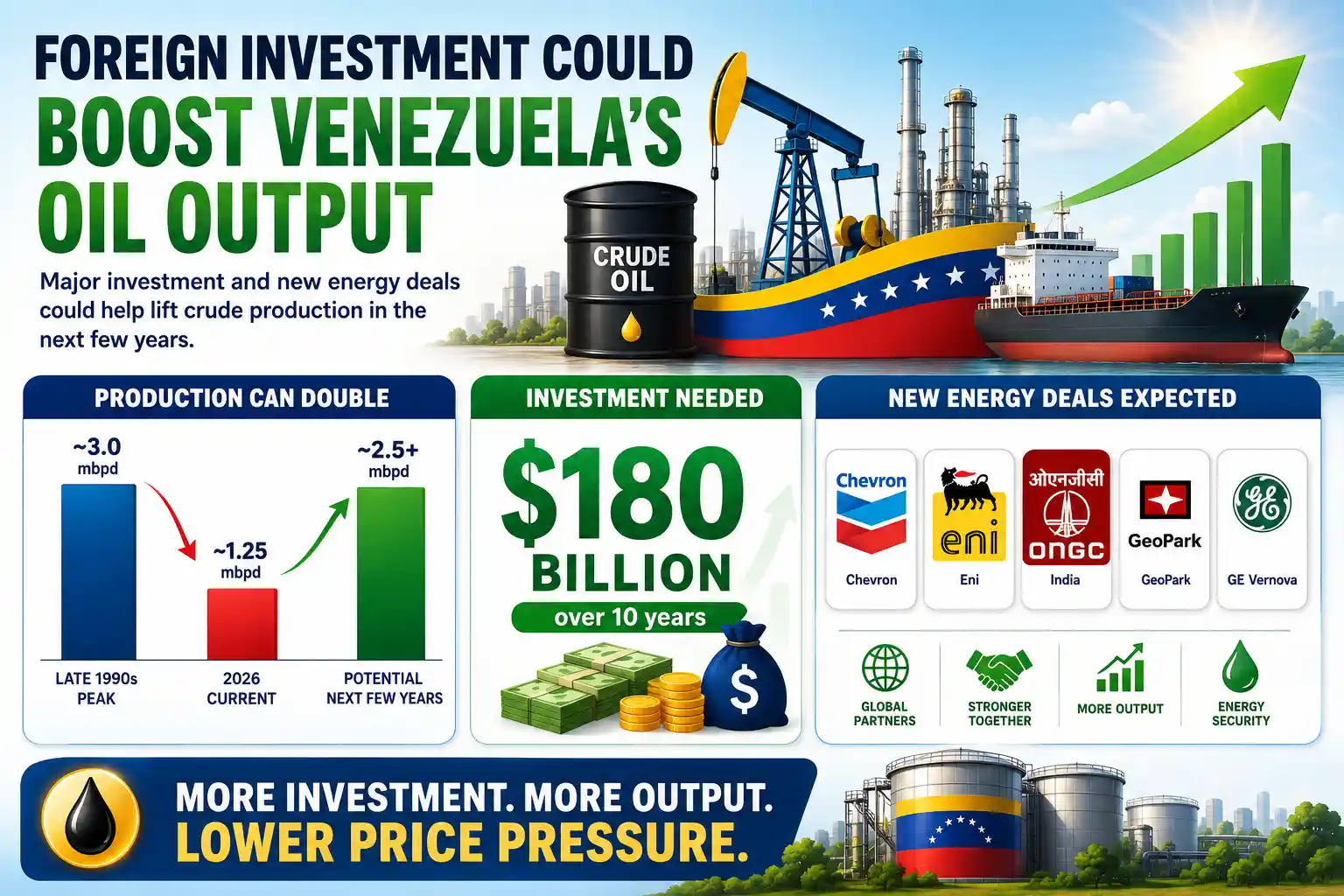 Infographic showing how foreign investment could boost Venezuela’s crude oil production, supported by $180 billion in estimated investment over 10 years.
