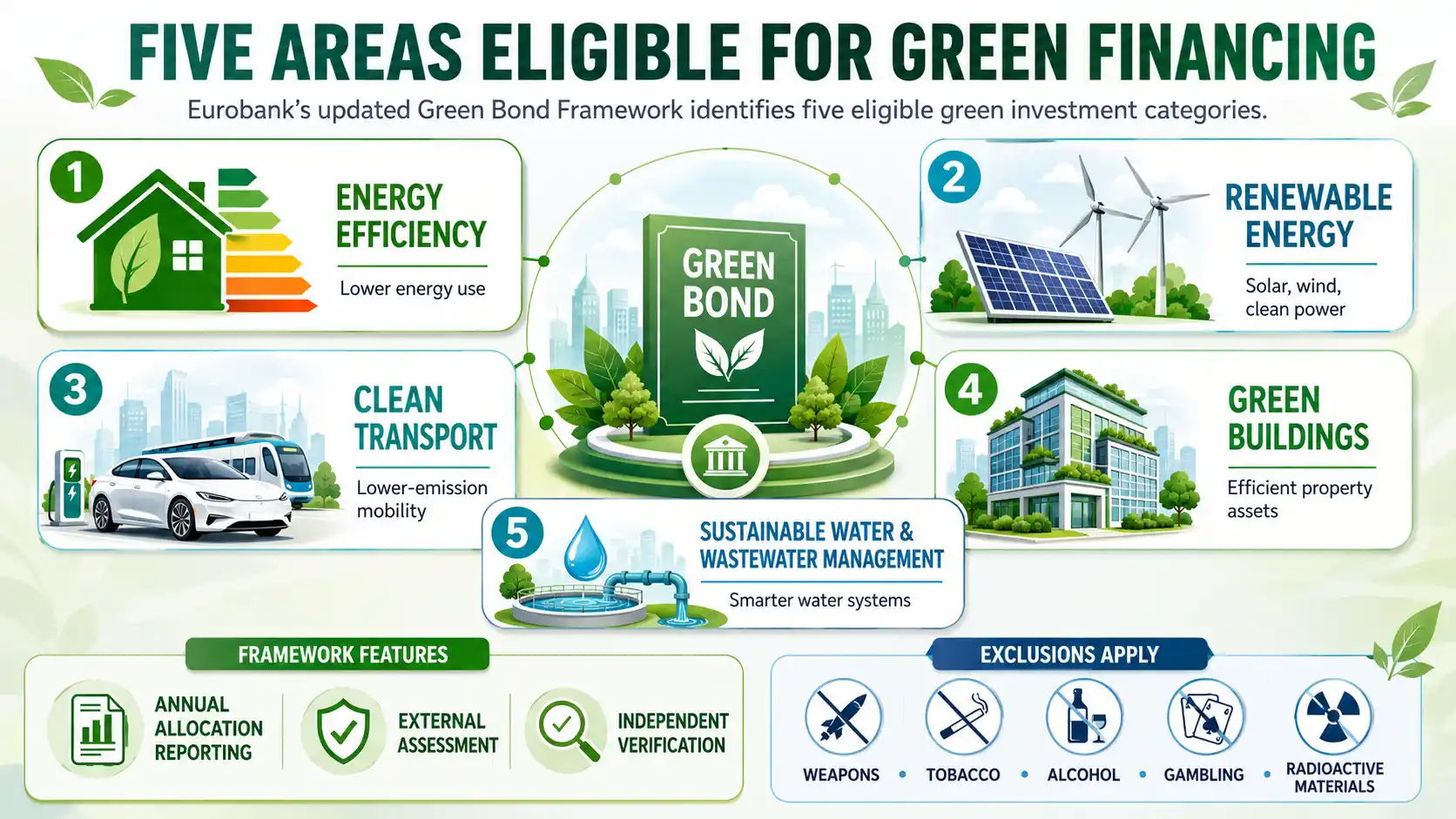 Infographic showing Eurobank’s five eligible green financing areas: energy efficiency, renewable energy, clean transport, green buildings, and sustainable water management. 