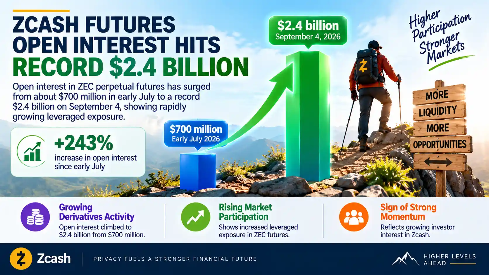  Infographic showing Zcash futures open interest rising from $700 million to a record $2.4 billion, highlighting surging leveraged market activity. 