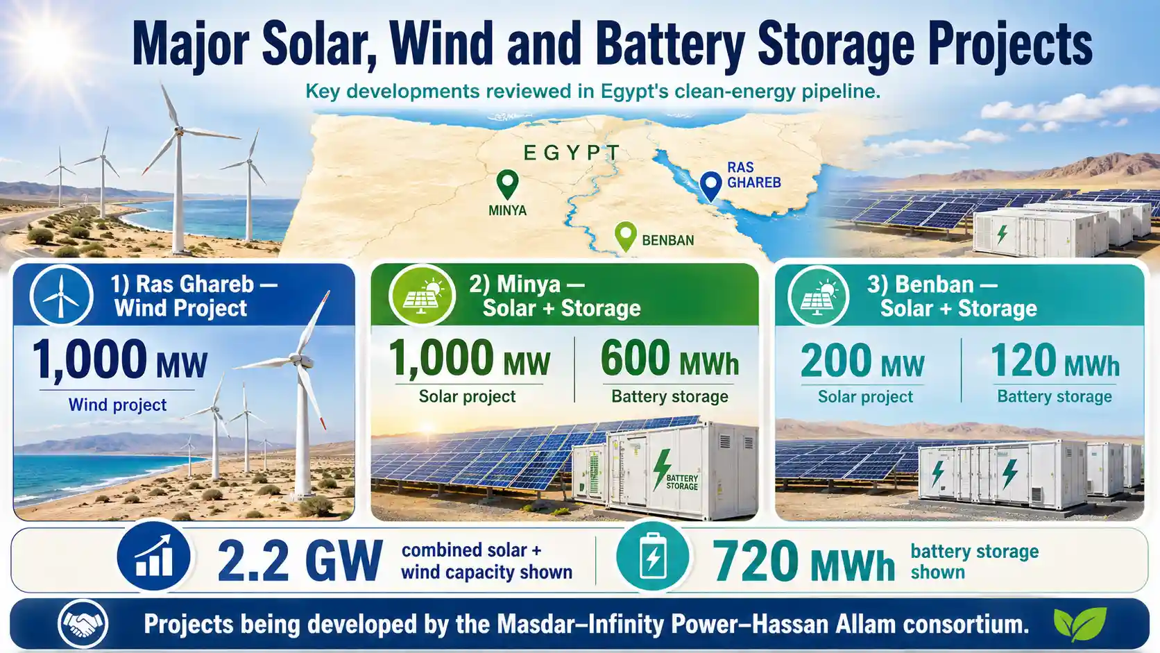 Egypt’s renewable energy pipeline includes 1GW wind, 1.2GW solar and 720MWh of battery storage.
