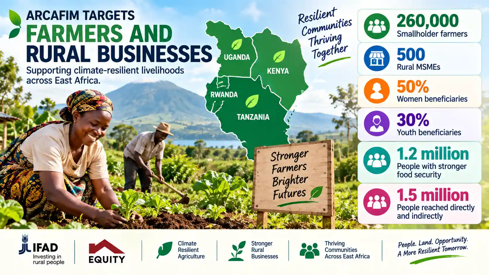 Infographic showing ARCAFIM targeting 260,000 smallholder farmers and 500 rural businesses across Kenya, Uganda, Rwanda and Tanzania, with women and youth prioritized. 