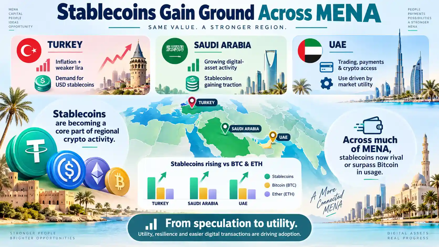 Infographic showing stablecoin adoption rising across MENA, with strong usage in Turkey, Saudi Arabia and the UAE for savings, trading, payments and digital asset access. 