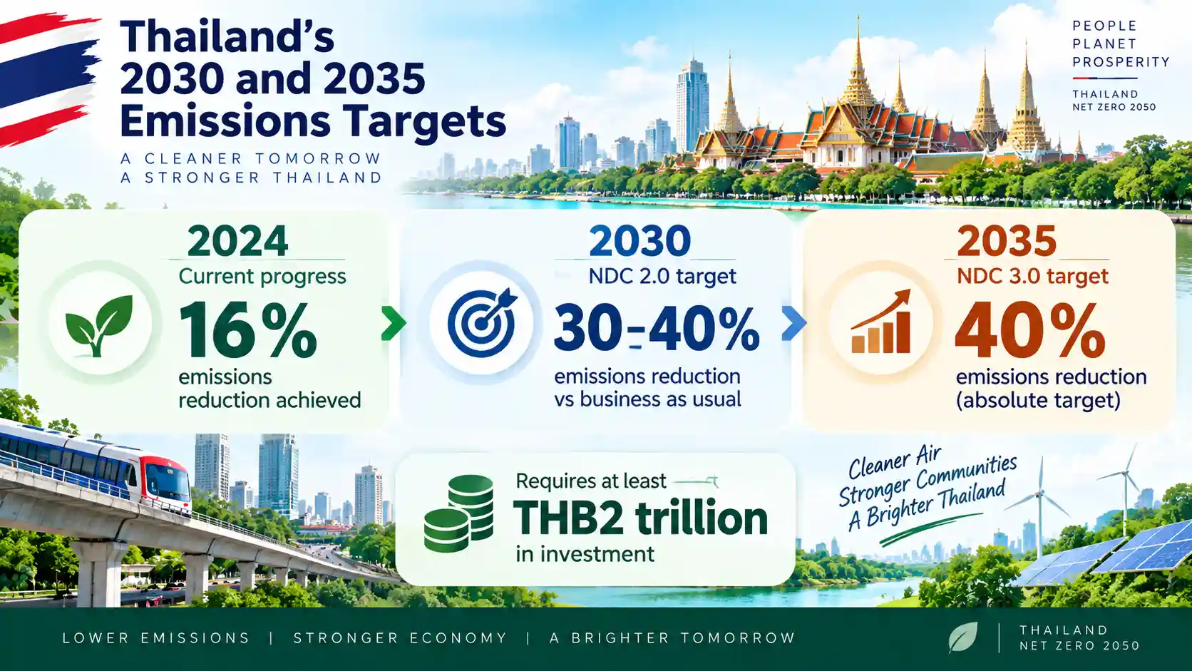 Infographic showing Thailand’s emissions targets of 30–40% by 2030 and 40% by 2035, requiring at least THB2 trillion in investment.