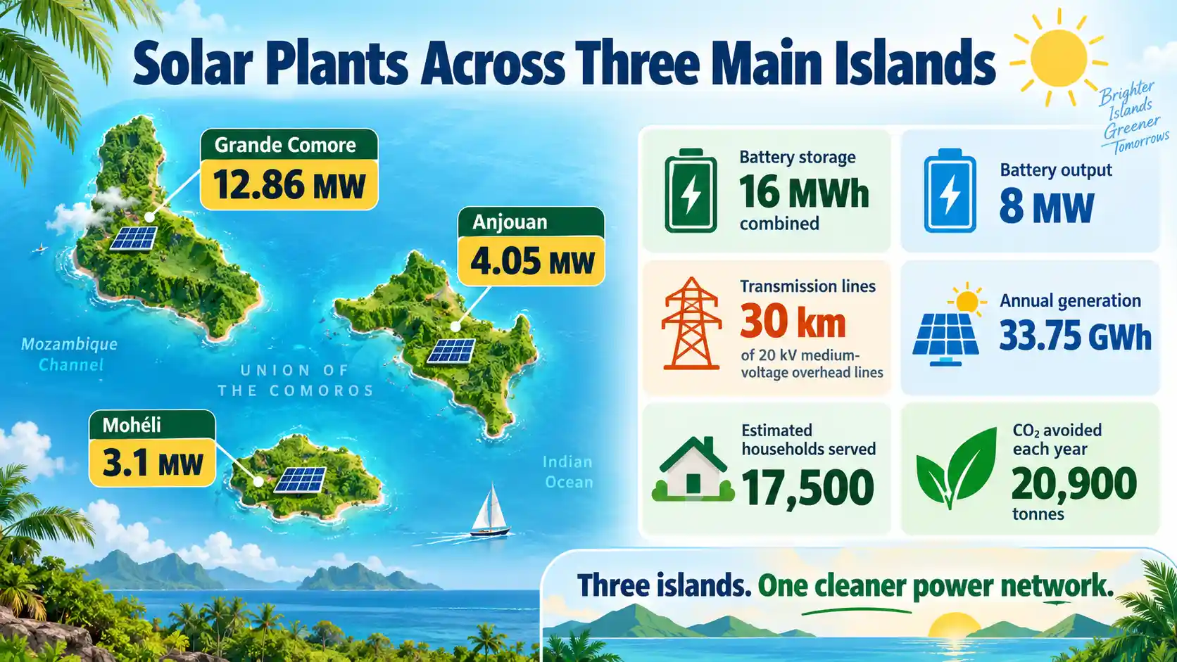 Comoros solar plants across three islands provide nearly 20 MW of clean energy capacity.