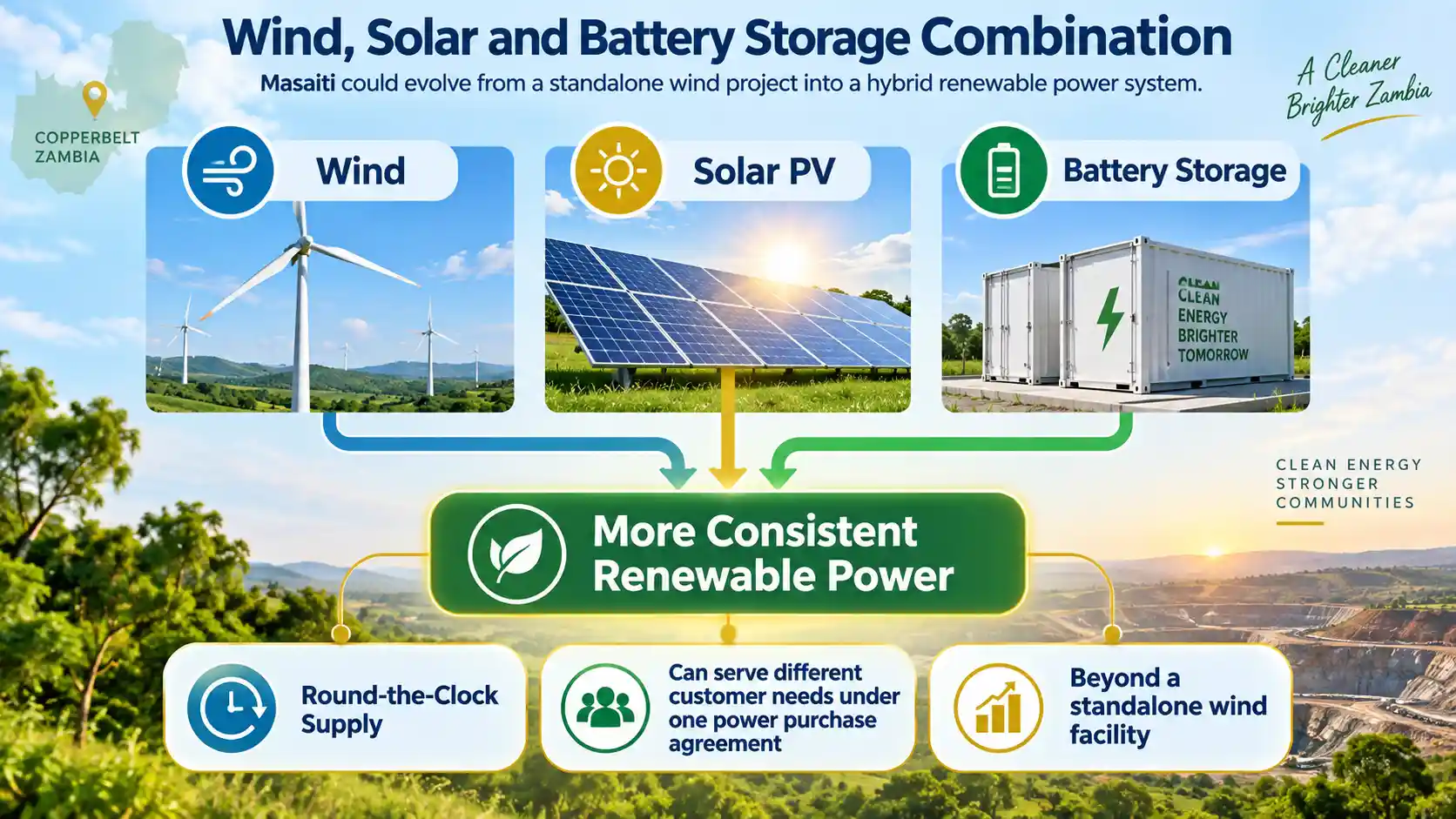 Infographic showing Zambia’s Masaiti project combining wind, solar PV and battery storage to provide more consistent renewable power.