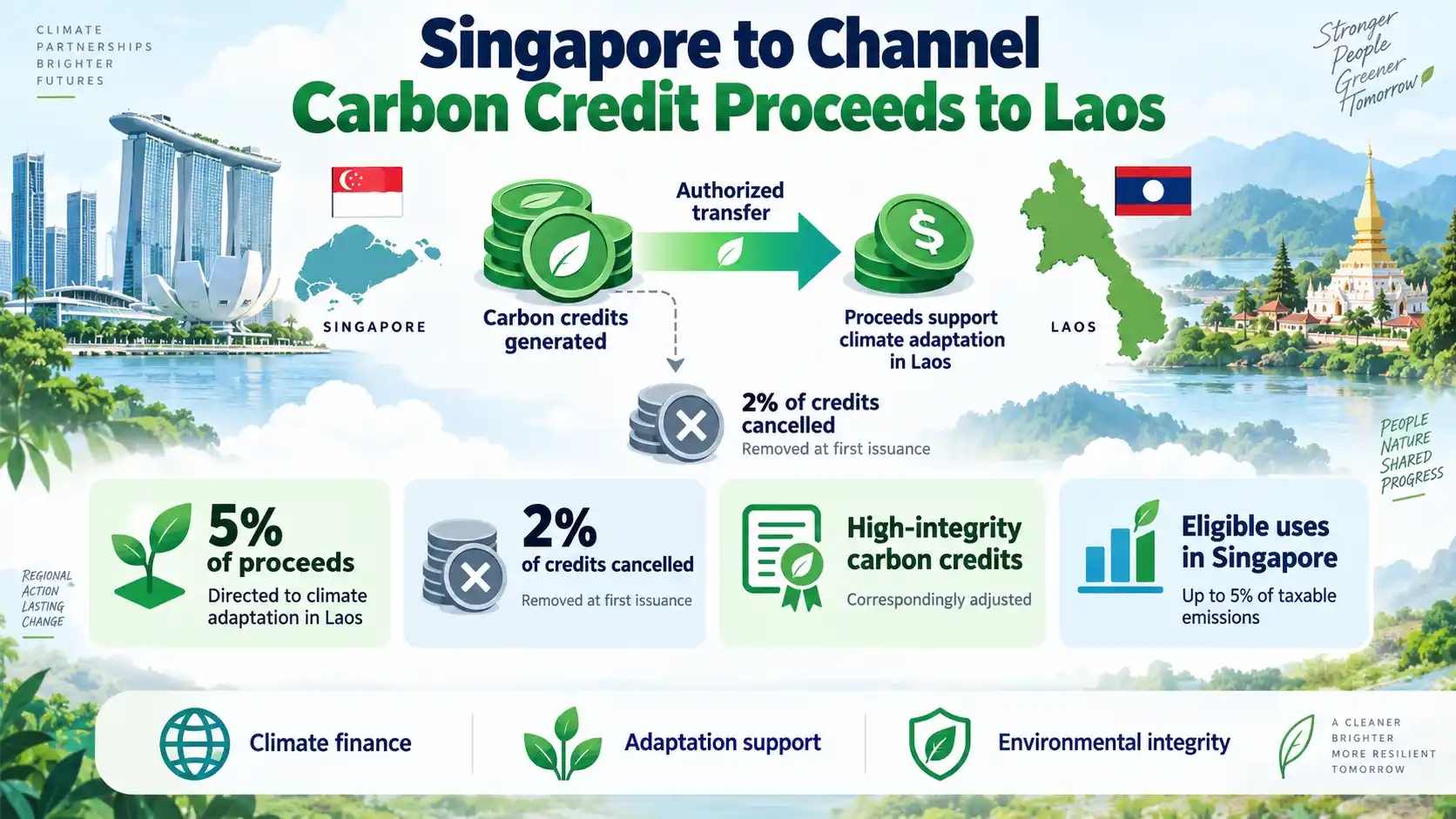 Infographic showing the Singapore–Laos carbon credit agreement under Article 6, including credit transfers, climate finance, and adaptation support. 