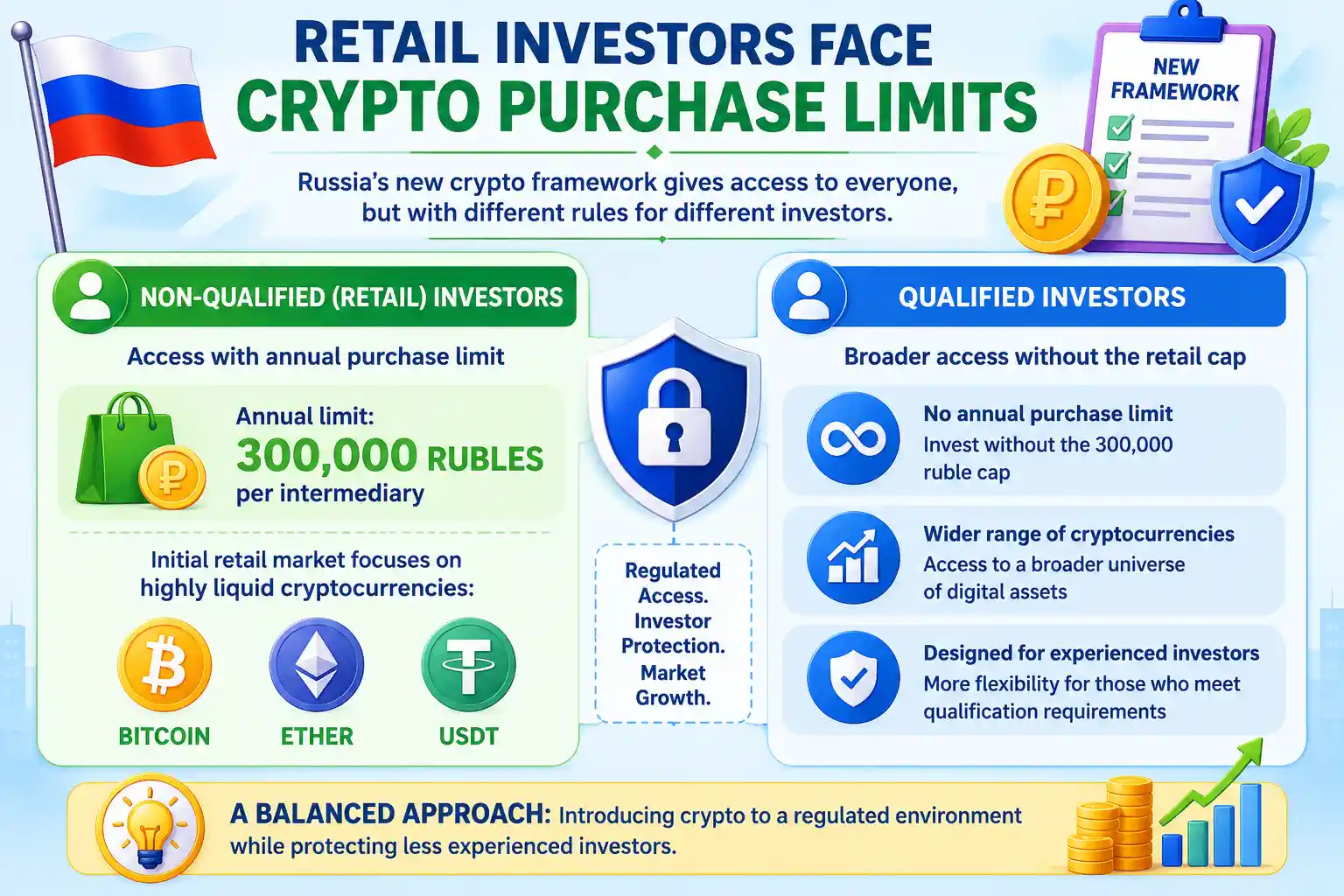Russia’s new crypto rules cap retail purchases at 300,000 rubles annually while qualified investors receive broader access.